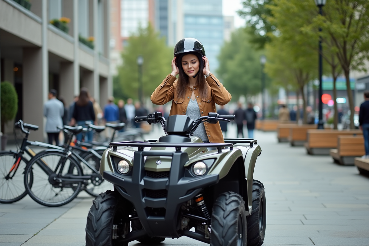 Femme ajustant son casque sur un quad en ville