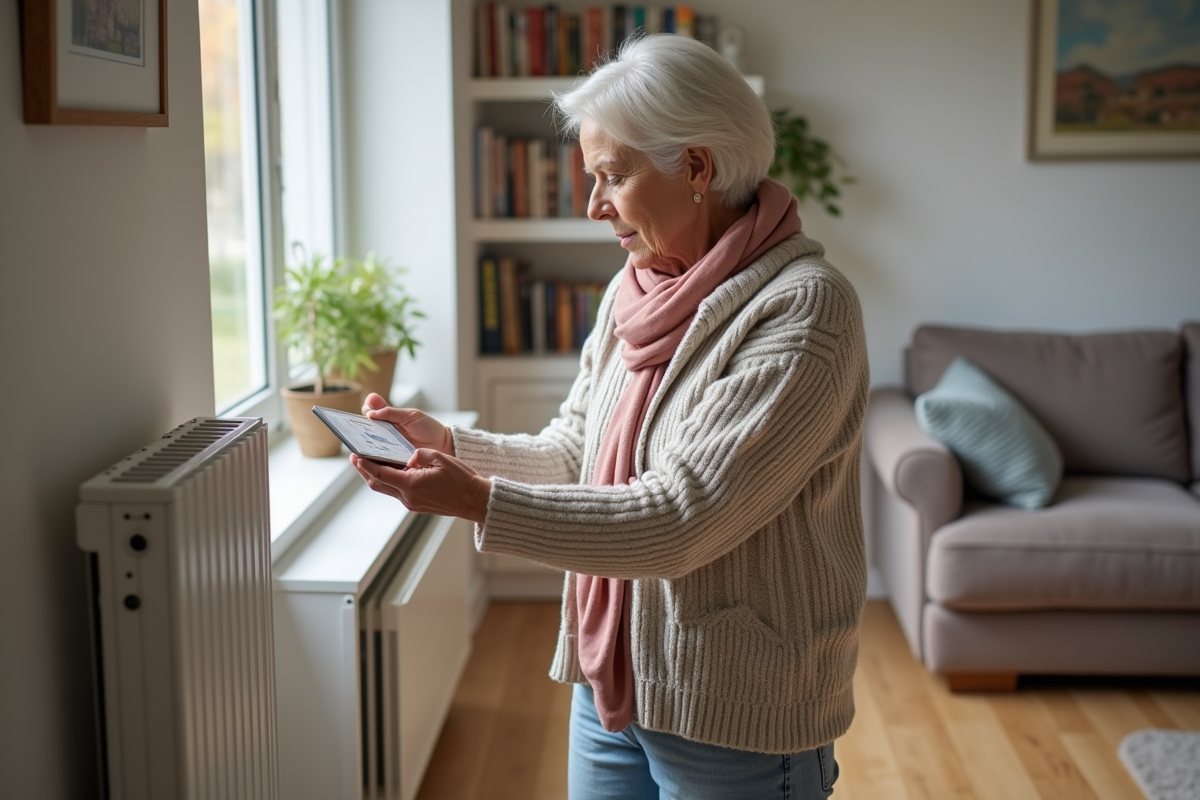 Femme d'âge moyen examinant un radiateur électrique moderne dans un salon cosy