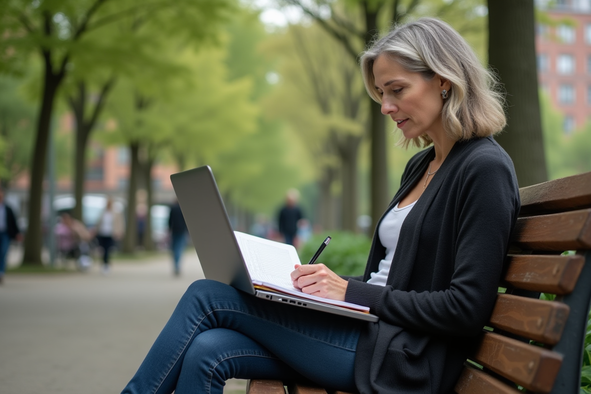 Femme méditant avec un ordinateur dans un parc urbain