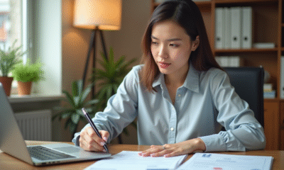 Jeune femme remplissant un formulaire bancaire avec RIB