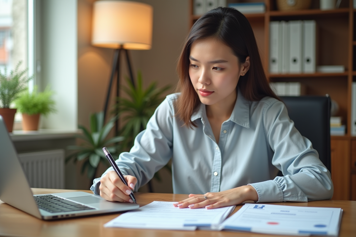 Jeune femme remplissant un formulaire bancaire avec RIB