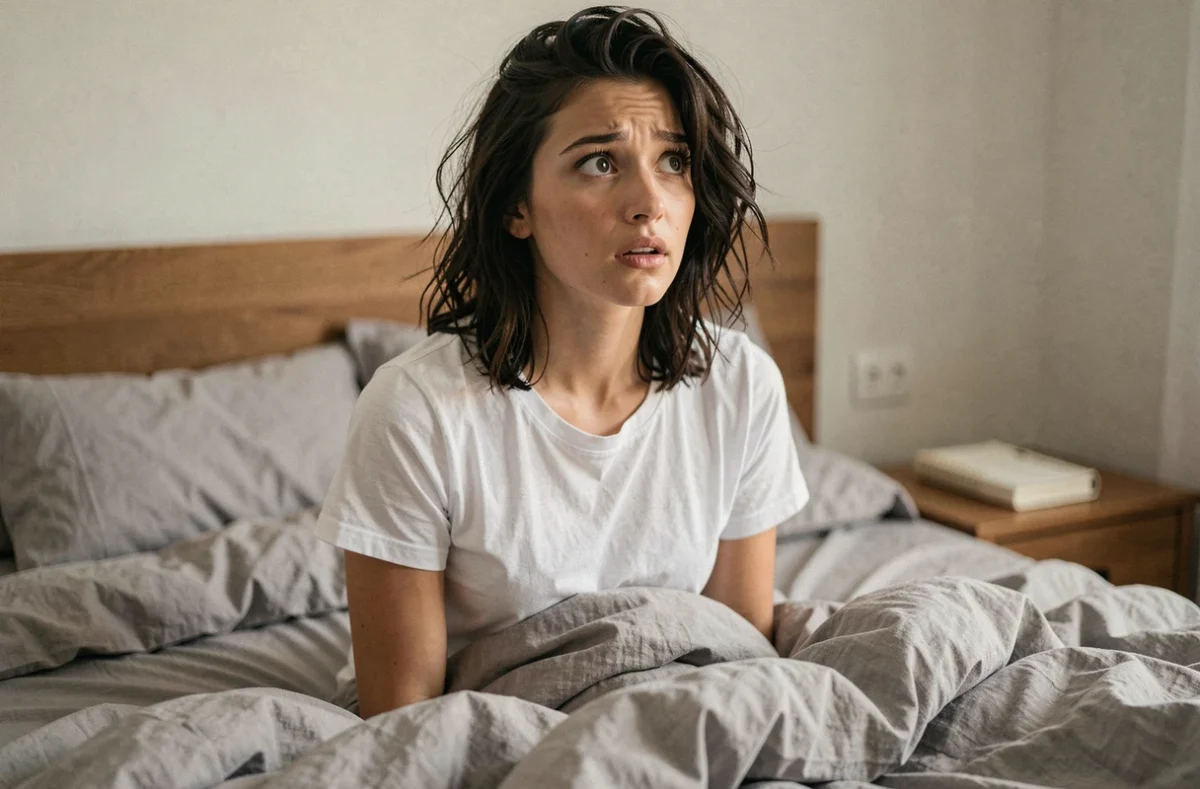 Femme réveillée d'un rêve de mouche, assise dans son lit avec une expression songeuse et troublée