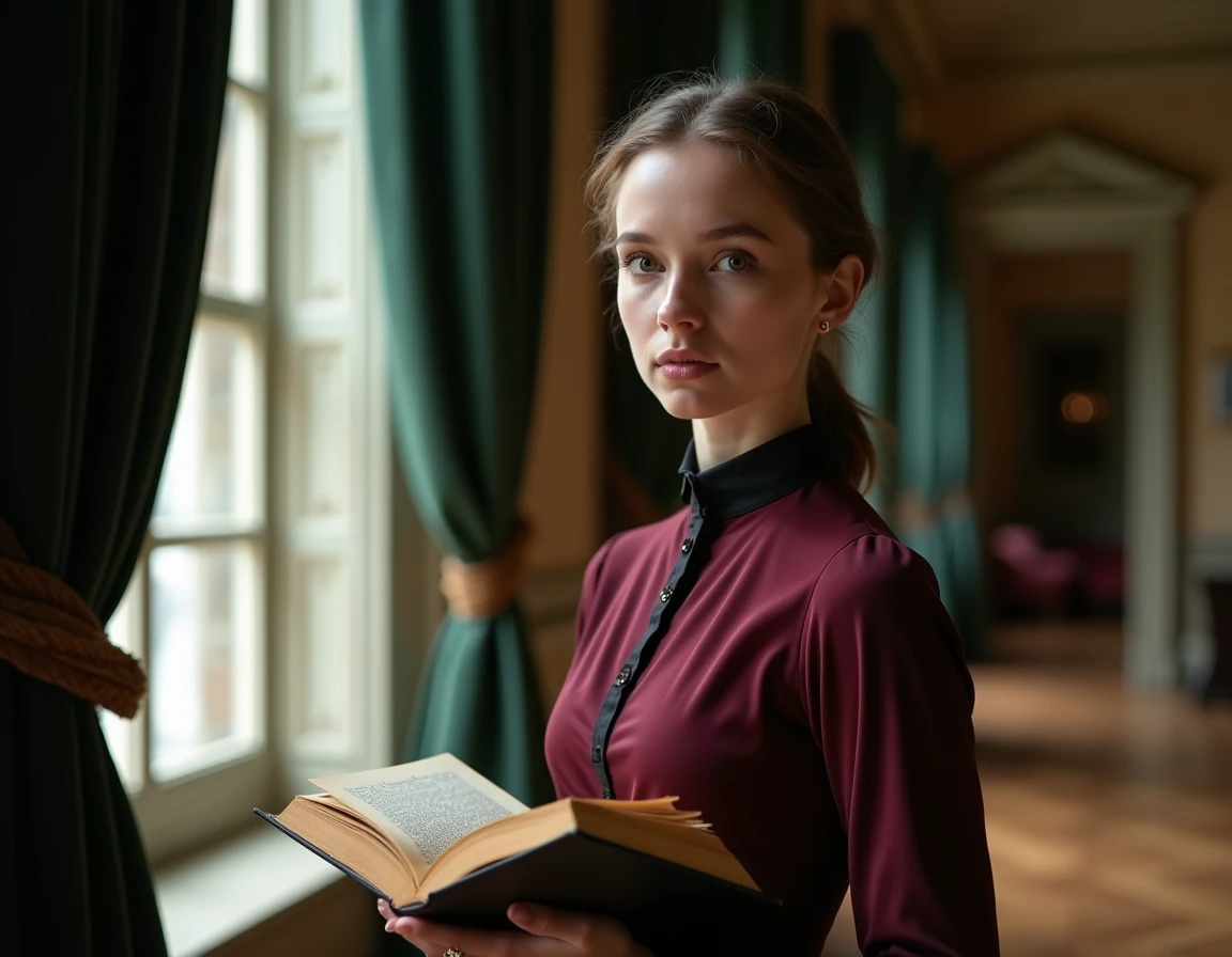 Jeune femme en robe d'époque lisant un roman classique français près d'une fenêtre dans un manoir du XIXe siècle