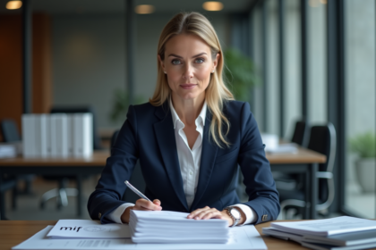 Femme d'affaires en costume navy examine documents officiels