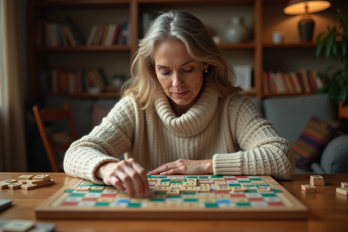 Femme posant une tuile Scrabble avec la lettre W sur un plateau de jeu en bois lors d'une partie à domicile