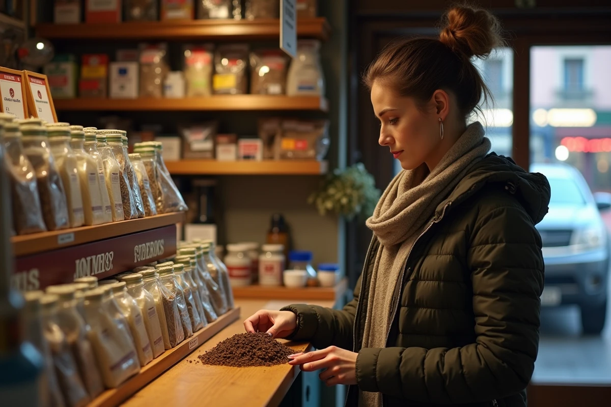 Femme choisissant un tabac en boutique locale