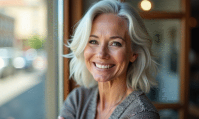 Femme senior élégante souriante près d'une fenêtre