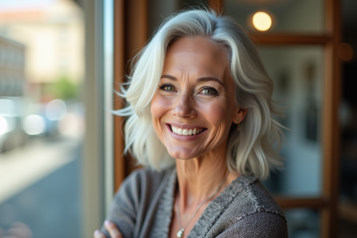 Femme senior élégante souriante près d'une fenêtre