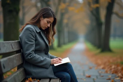 Femme seule assise sur un banc en automne, tenant une lettre, regard triste évoquant une séparation définitive