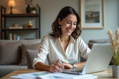 Femme souriante dans un appartement moderne et cosy