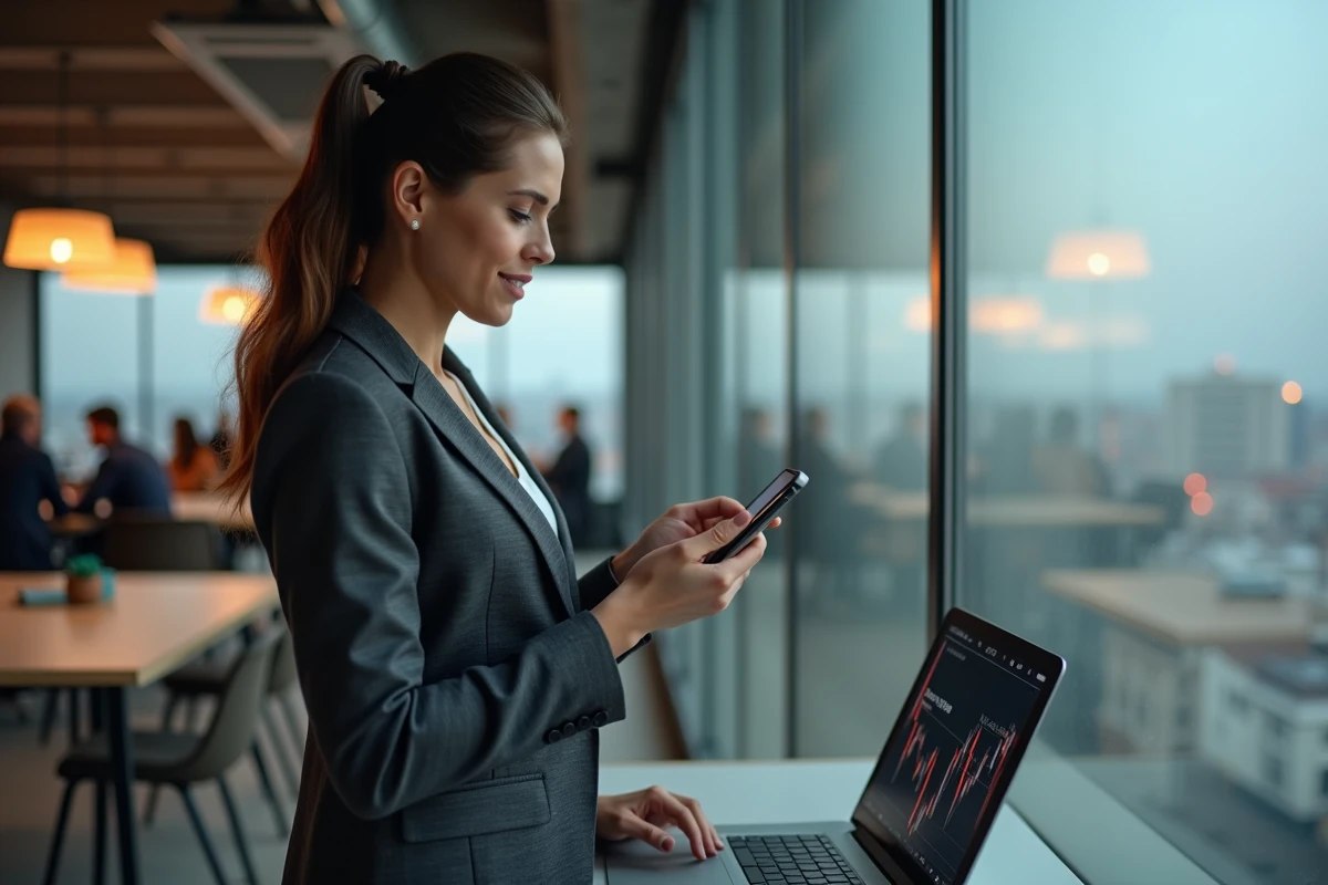 Femme trader en blazer consultant une application de bourse sur smartphone avec vue sur une ville européenne en arrière-plan