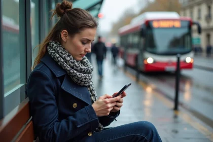 Jeune femme vérifiant le trafic sur son smartphone à Paris