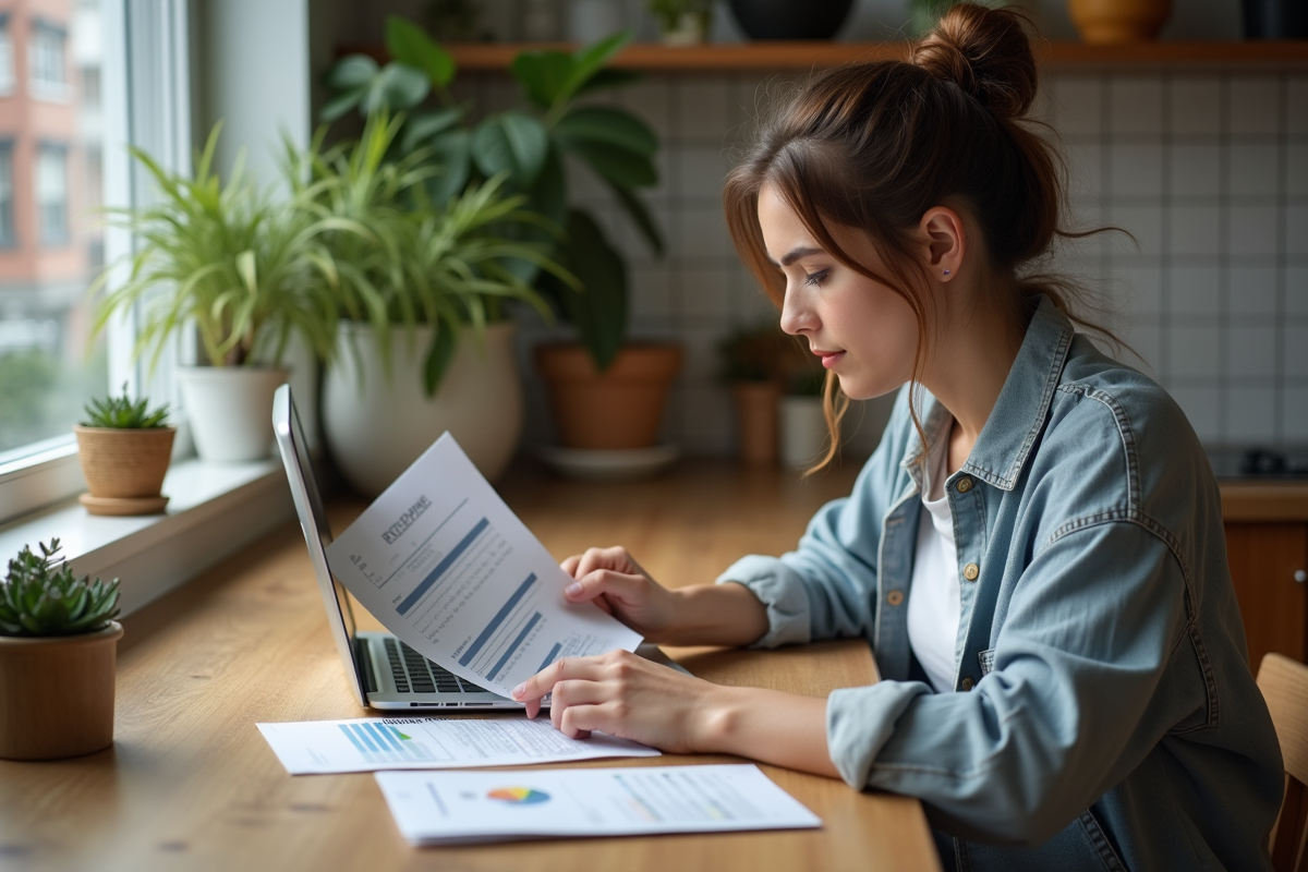 Jeune femme travaillant sur un ordinateur à la maison