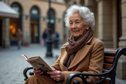 Femme âgée élégante lisant un magazine dans une ville européenne