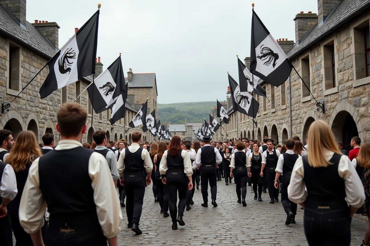 Scène de festival breton avec drapeaux bretons Gwenn-ha-du et costumes traditionnels dans un centre-ville médiéval en granite