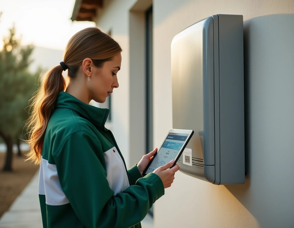 Technicienne de FG Clim Energie consultant une tablette devant une pompe à chaleur sur la façade d'une villa varoise