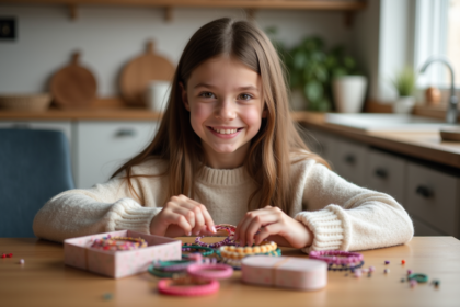 Jeune fille de 12 ans arrangeant des bracelets faits main dans une cuisine chaleureuse