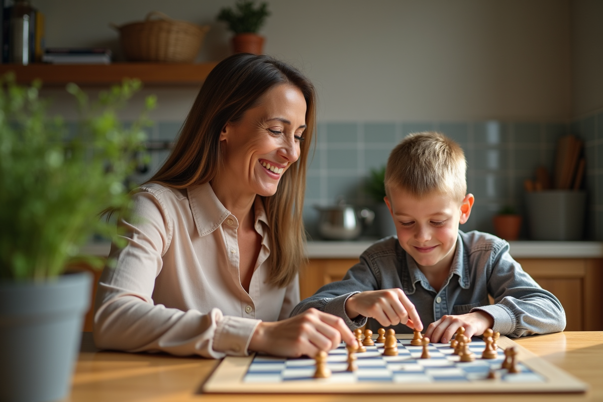 Fille et maman jouant à un jeu de société dans la cuisine