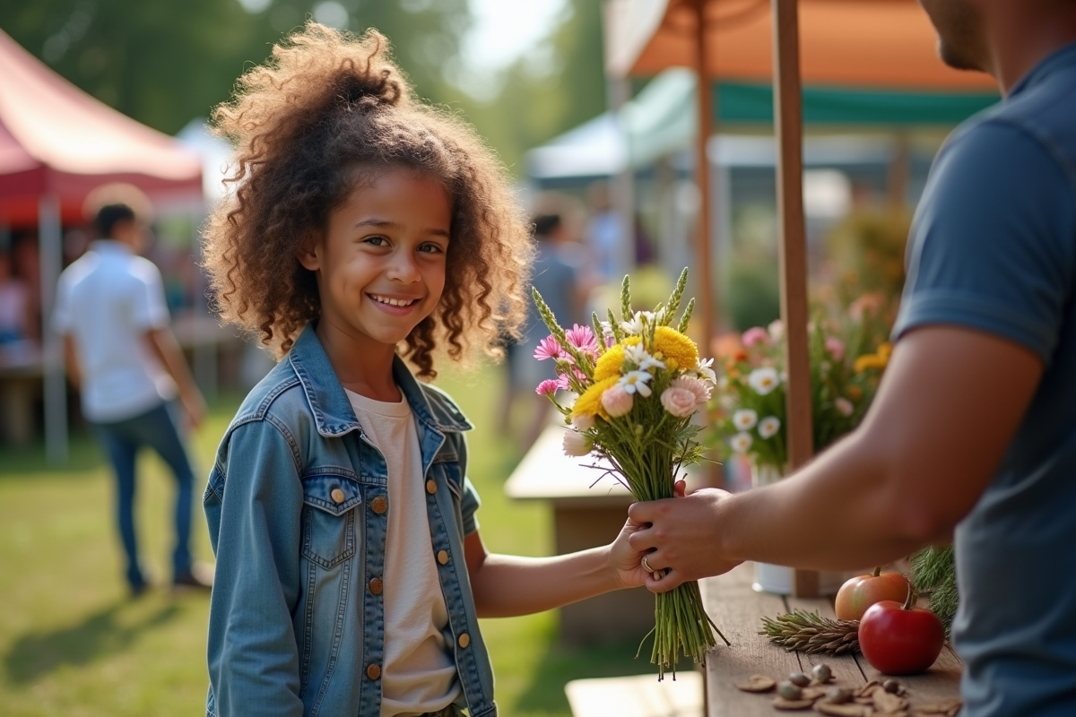 Fille de 12 ans vendant des fleurs au marché en plein air