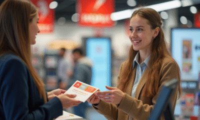 Jeune femme souriante donnant des bons de vacances en magasin