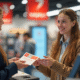 Jeune femme souriante donnant des bons de vacances en magasin