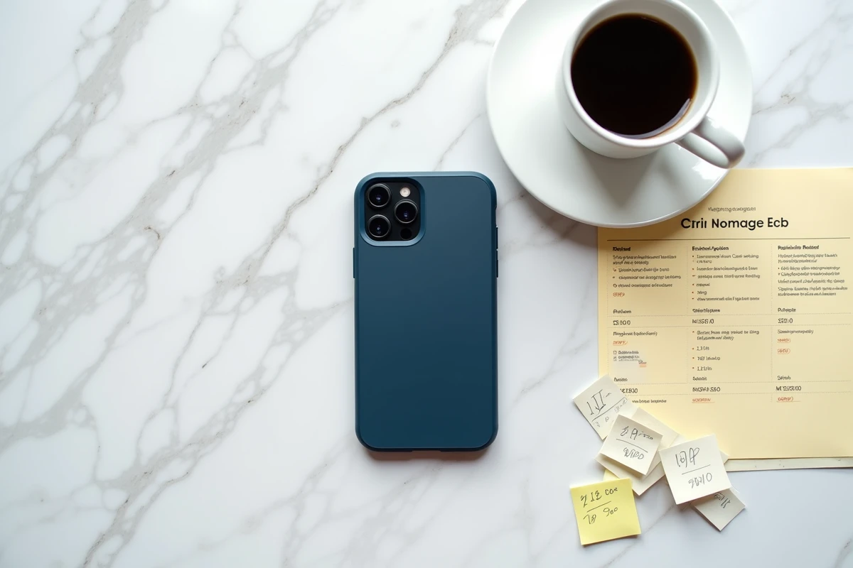 Vue du dessus d'un iPhone 15 reconditionné avec comparatif de prix imprimé et notes manuscrites sur marbre blanc