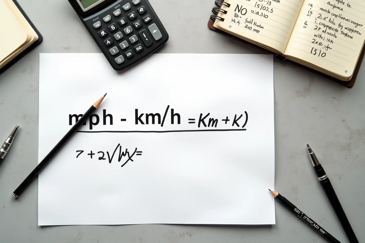 Vue aérienne d'une feuille de formule de conversion miles par heure en kilomètres par heure avec calculatrice et cahier de notes