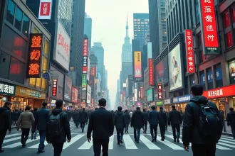 Foule dense de piétons traversant une grande intersection urbaine dans une mégapole asiatique, illustrant la forte densité de population mondiale