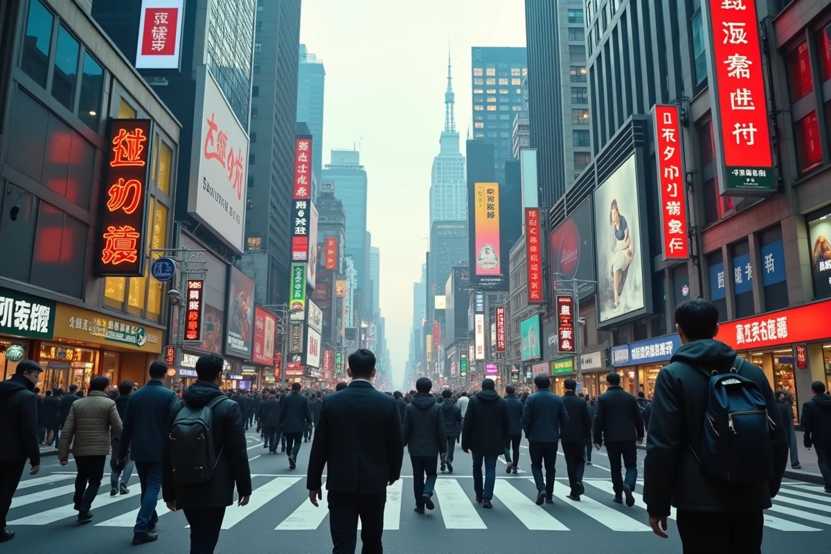 Foule dense de piétons traversant une grande intersection urbaine dans une mégapole asiatique, illustrant la forte densité de population mondiale
