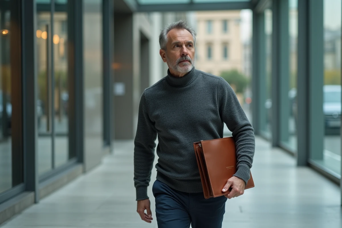 Franck Chauffroy traversant le hall d'un siège médiatique parisien, évolution de son image publique depuis 2026