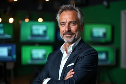 Portrait éditorial de Franck Chauffroy dans un studio de télévision, regard assuré face aux médias en 2026