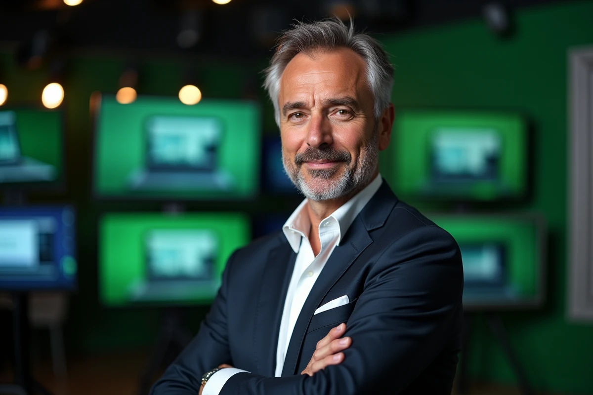Portrait éditorial de Franck Chauffroy dans un studio de télévision, regard assuré face aux médias en 2026