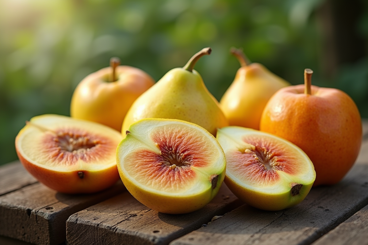 Fruits tropicaux entiers et tranchés sur table en bois
