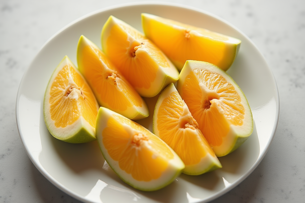 Fruits tropicaux coupés avec I sur une assiette blanche