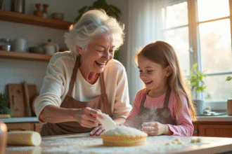 Une grand-mère et une petite fille cuisinent ensemble dans une cuisine lumineuse