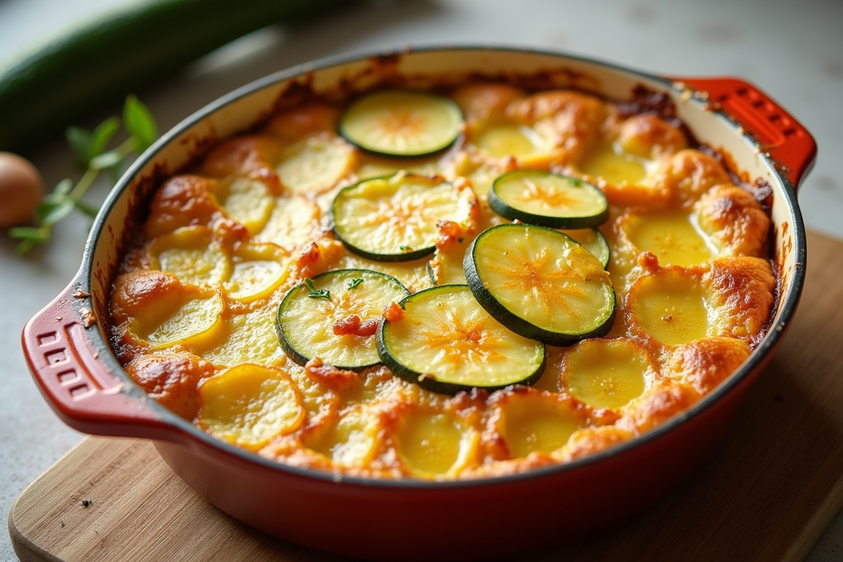 Gratin de courgettes et pommes de terre doré vu de dessus