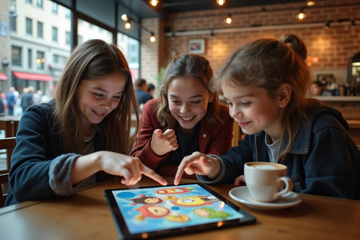 Trois adolescents regardant un webtoon dans un café urbain