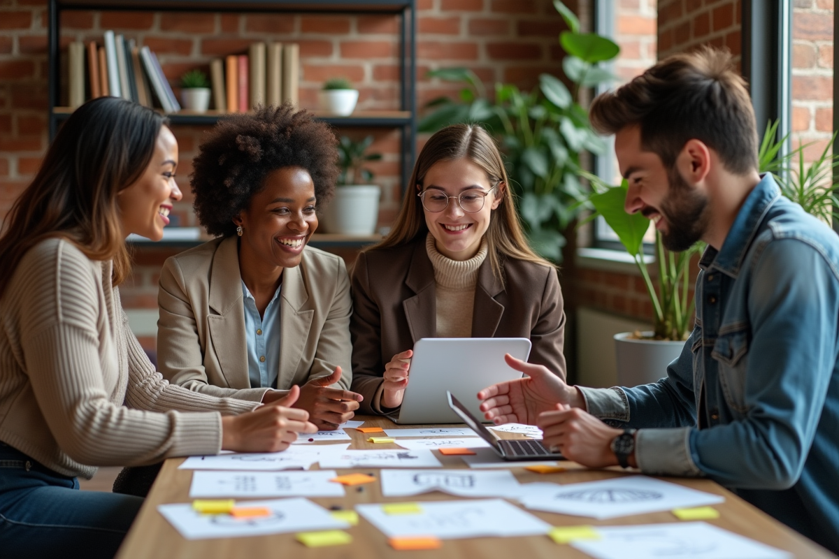 Groupe de jeunes adultes en brainstorming dans un espace créatif
