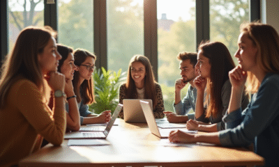 Groupe de jeunes discutant de carrière autour d'une table lumineuse