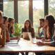 Groupe de jeunes discutant de carrière autour d'une table lumineuse