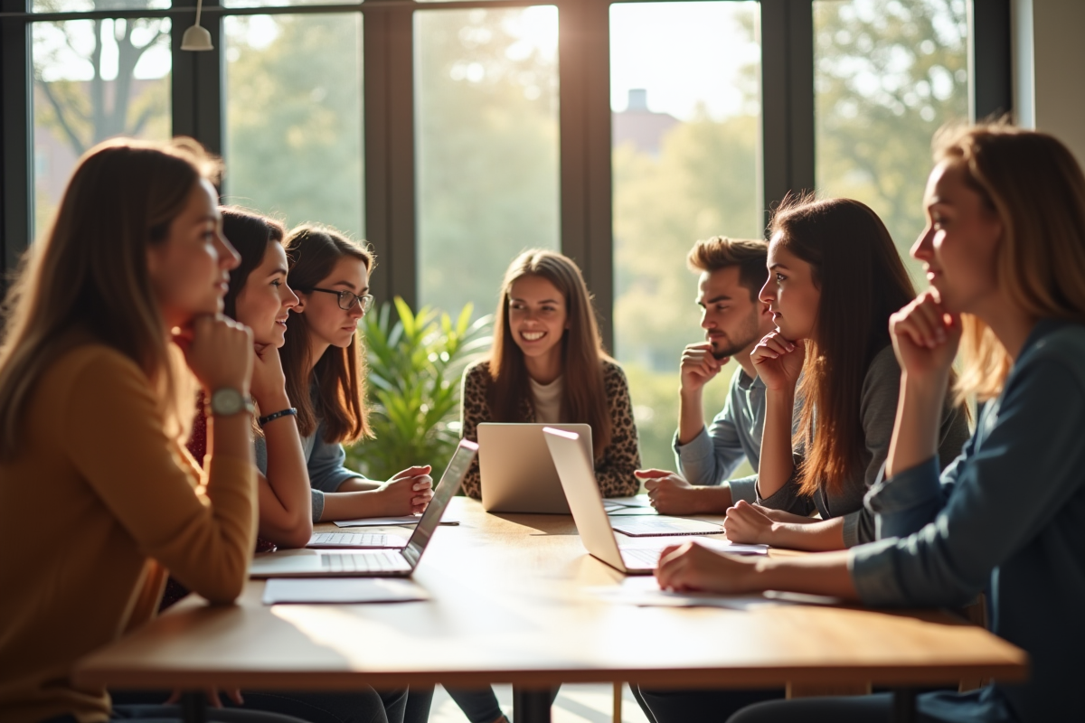 Groupe de jeunes discutant de carrière autour d'une table lumineuse