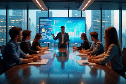 Groupe de jeunes adultes autour d'une table avec affichage digital