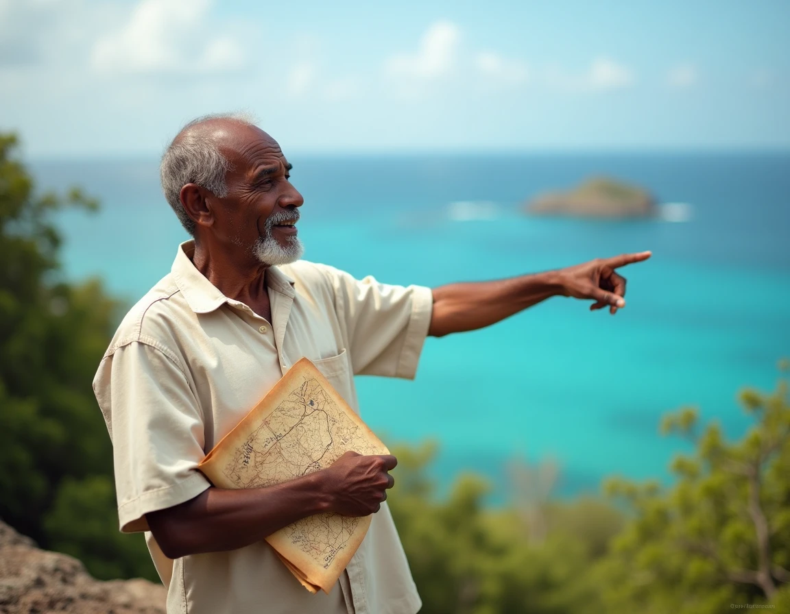Homme mahorais montrant la position de Mayotte depuis un point de vue côtier avec vue sur le lagon et les îles voisines