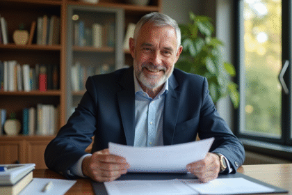 Homme d'affaires en costume bleu examine des documents