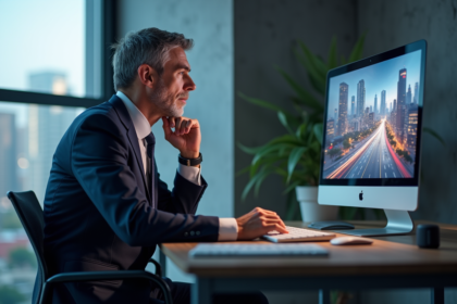 Homme d'affaires réfléchissant devant un écran de metaverse