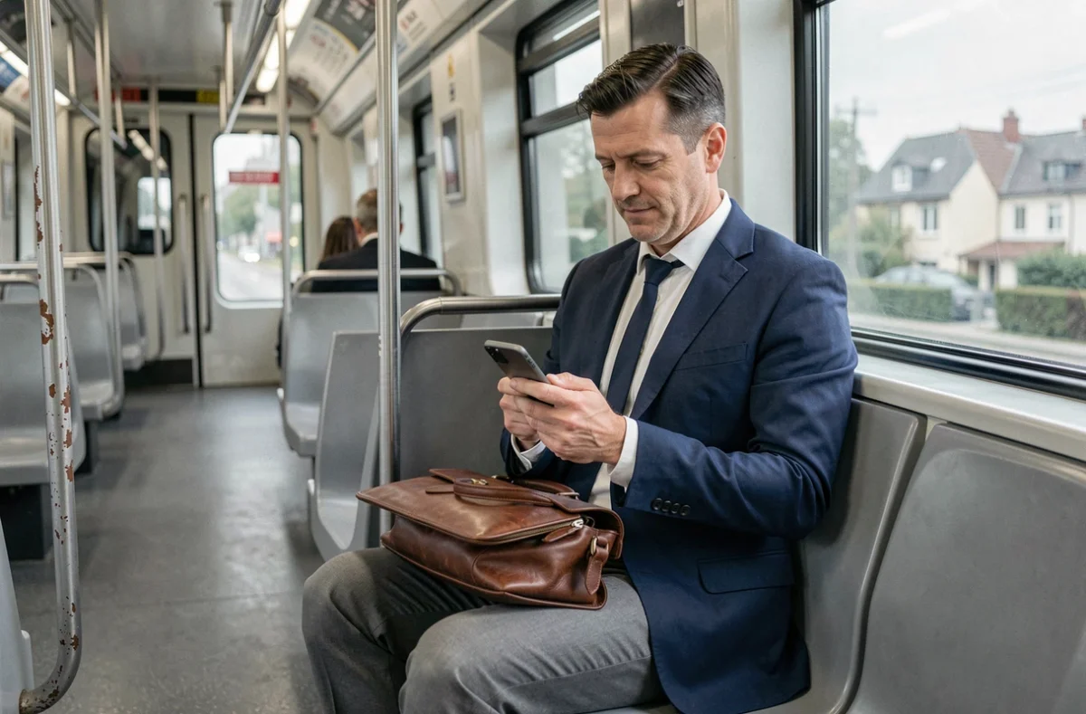 Homme d'affaires consultant des notifications de transport en temps réel dans un RER en Île-de-France