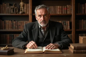 Homme d age moyen feuilletant un livre de genealogie