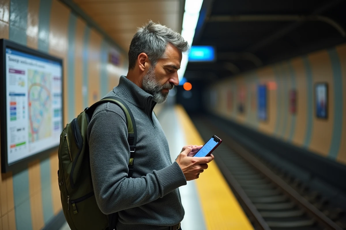 Homme utilisant l'application numérique du plan du métro Tisséo sur un quai de Toulouse