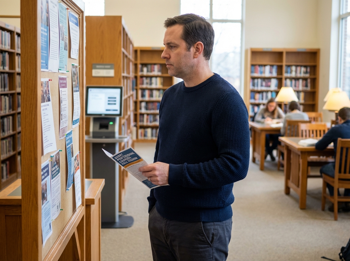 Homme réfléchissant devant un panneau d information en bibliothèque