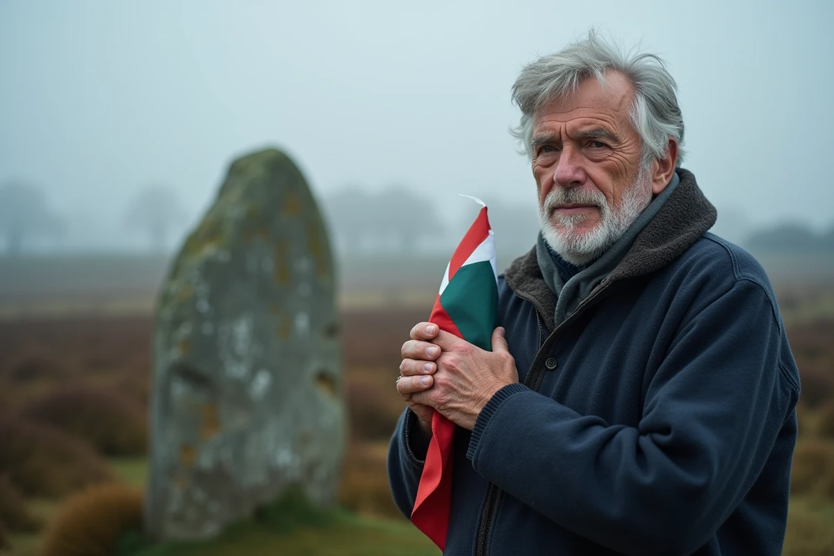 Homme breton tenant le drapeau Gwenn-ha-du devant un mégalithe dans la lande bretonne brumeuse
